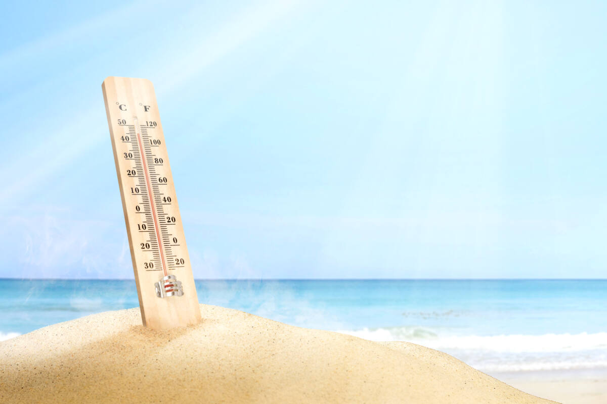 zomer, thermometer, strand, warmte, hitte